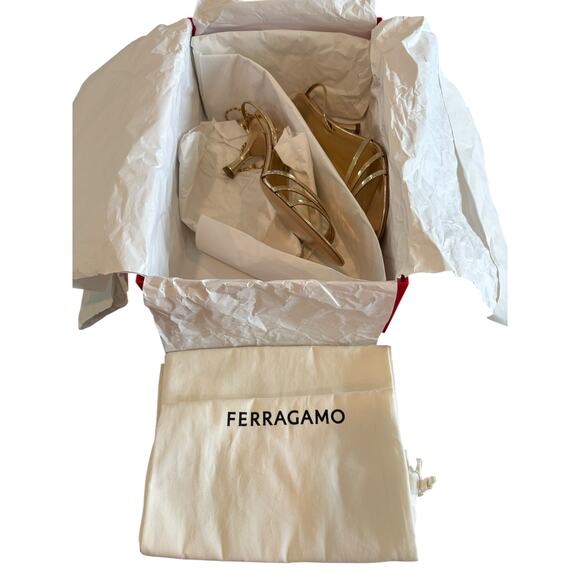 Ferragamo Denise Sandals Heel Chain Ankle Strap 70mm Metallic Gold Party Sz 7 - Picture 12 of 14